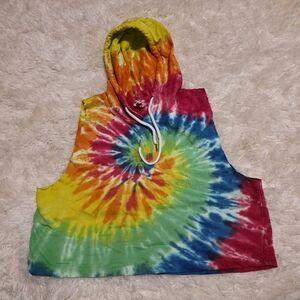 EXIST Red and Pink Tie-Dye Sleeveless Hoodie Tank Raw Hem Sz. Large